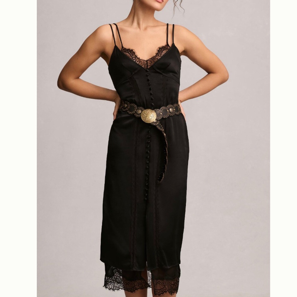 Anthropologie Black Lace Button Front Strappy Slip Dress 00P
